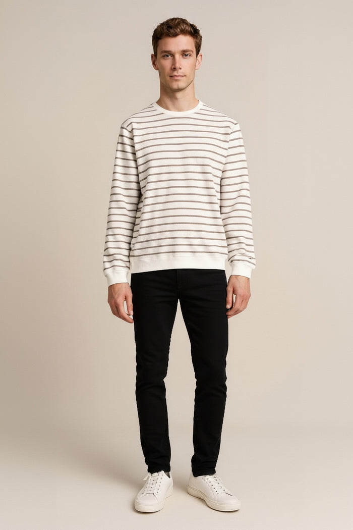 Octave Men Off White Striped Round Neck Sweatshirt