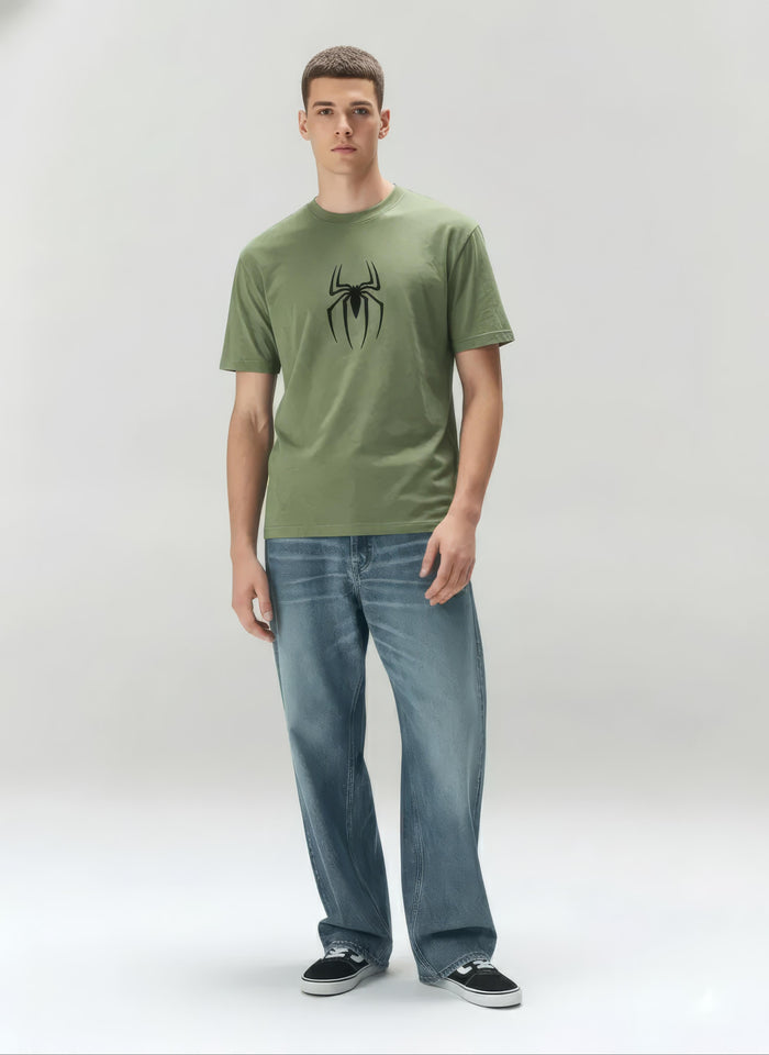 Octave Men Oil Green Printed Round Neck T-shirt