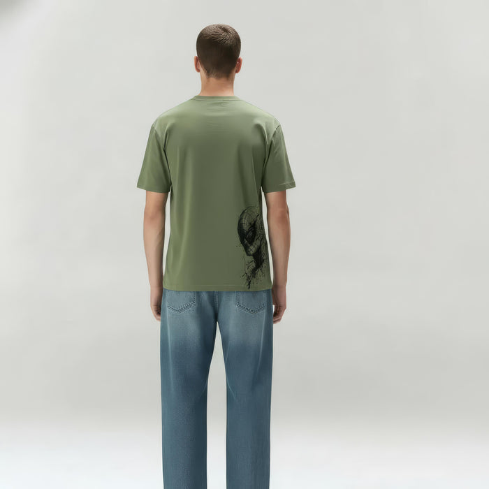 Octave Men Oil Green Printed Round Neck T-shirt
