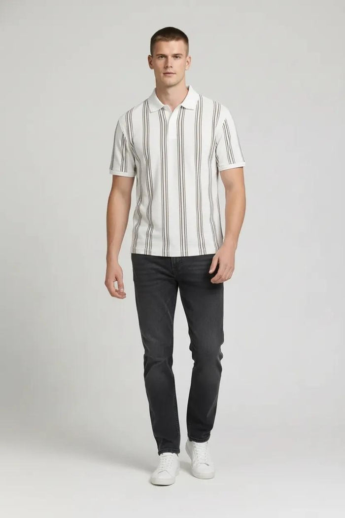 Octave Men Oil Green Striped Polo Collar T-shirt