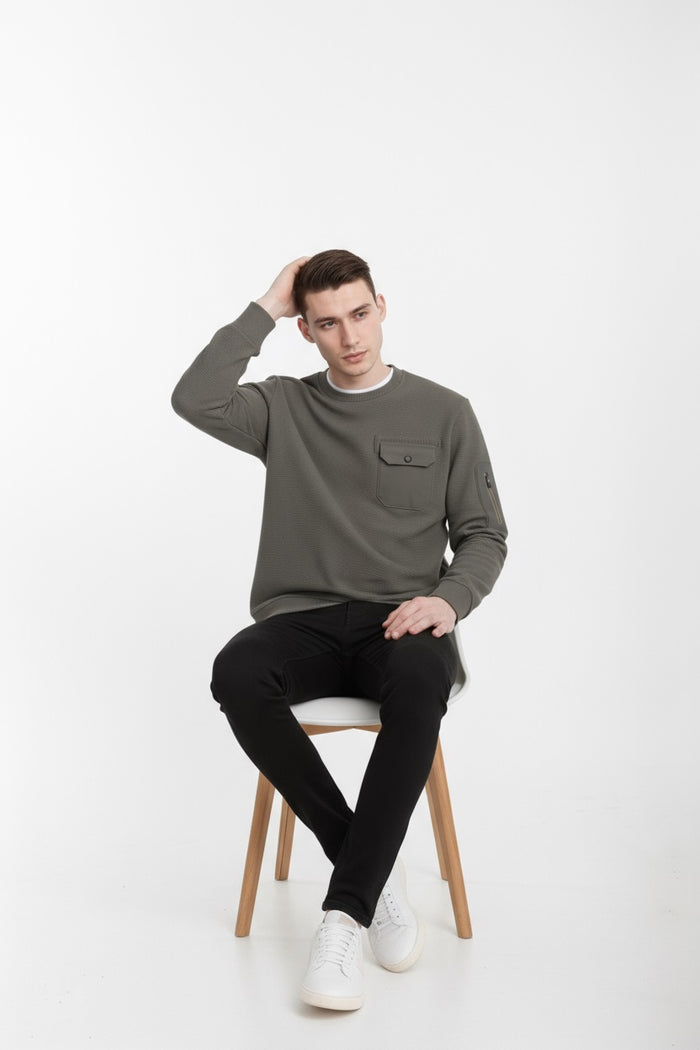 Octave Men Olive Solid Round Neck Sweatshirt