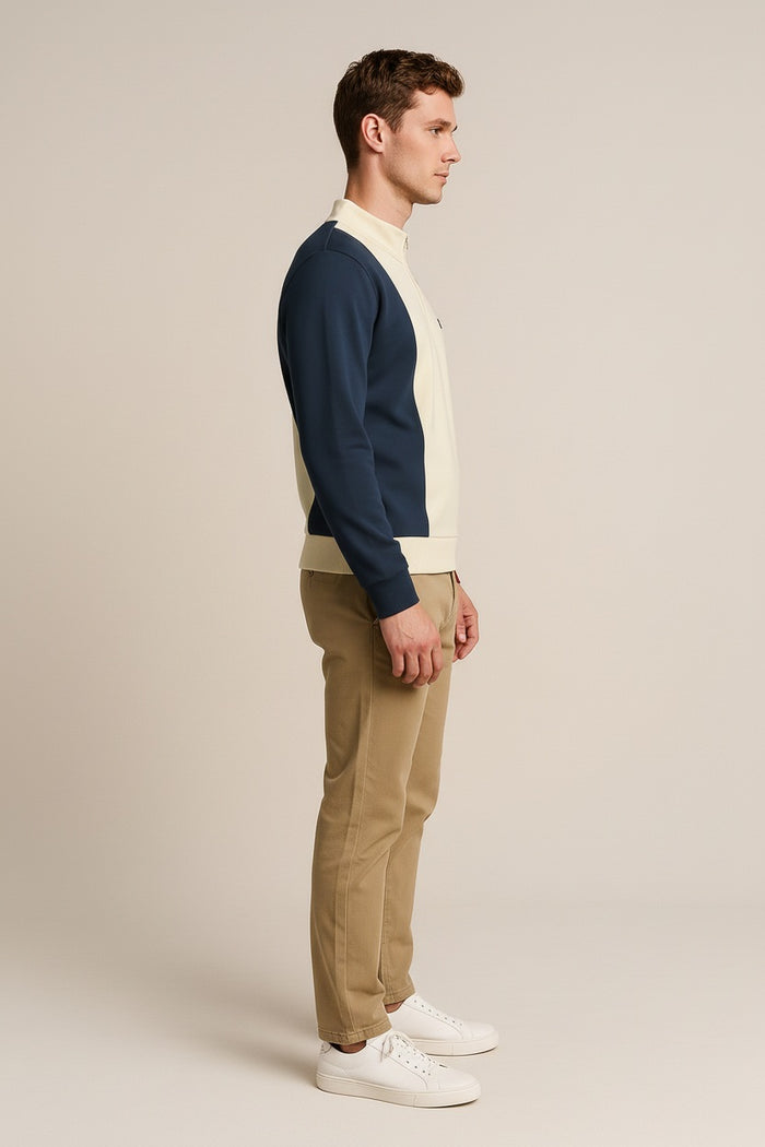 Octave Men Sand Colourblocked Mandarin Neck Sweatshirt