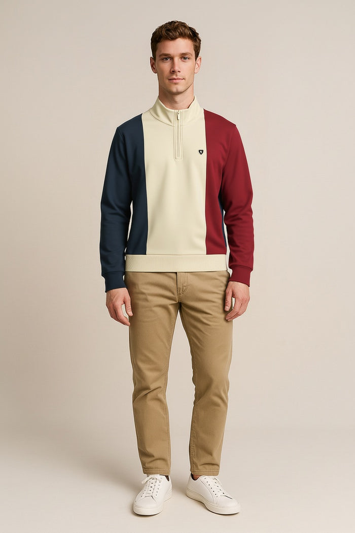 Octave Men Sand Colourblocked Mandarin Neck Sweatshirt