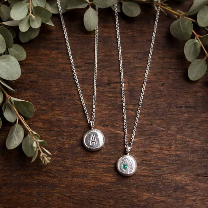 Personalised Sterling Silver Pebble Necklace – Handmade Organic Pendant – Rustic Initial Charm