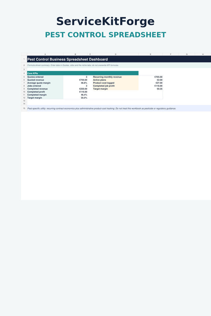 Pest control spreadsheet dashboard preview