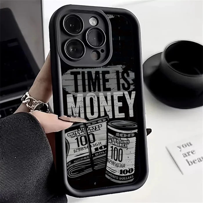 Phone Case for iPhone 11–17 Pro Max – “Time Is Money” Printed Full Coverage Soft TPU Cover