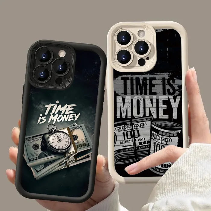Phone Case for iPhone 11–17 Pro Max – “Time Is Money” Printed Full Coverage Soft TPU Cover