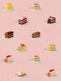 Pick and mix spread of cake slices, from red velvet to mango and chocolate, on a pink background