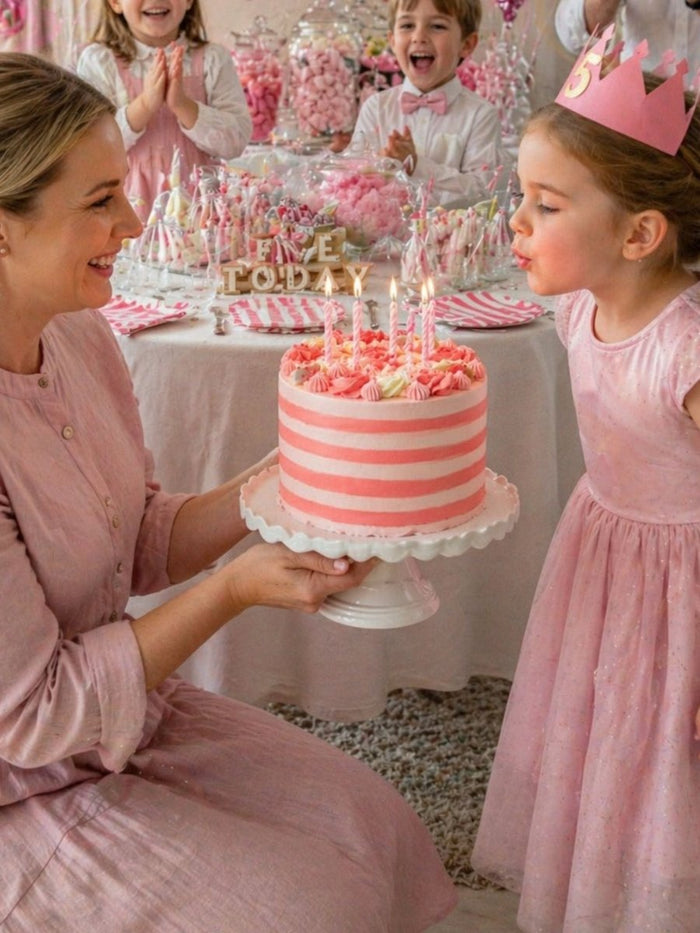 Girl in a party dress blowing out candles on a pink striped birthday cake at her party
