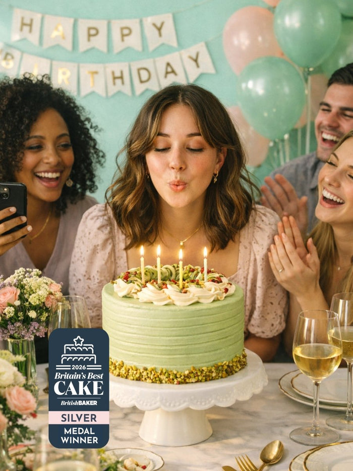 Woman blowing out candles on a pistachio birthday cake, a Britain's Best Cake silver medal winner