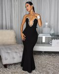 Polly Black Rhinestones Low Cut Maxi Dress