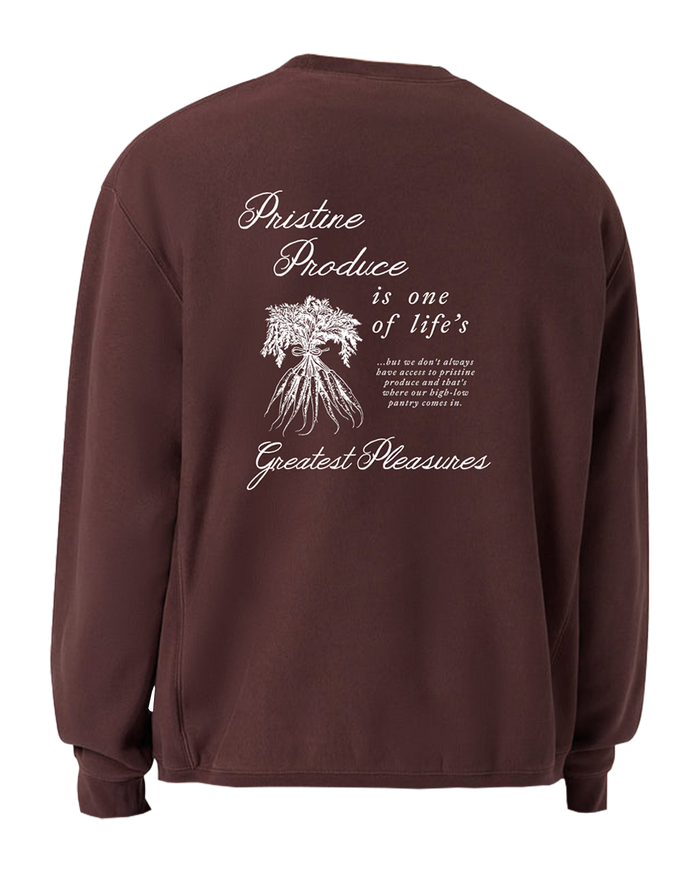 Brown sweatshirt with white text and graphic on the back, on a white background