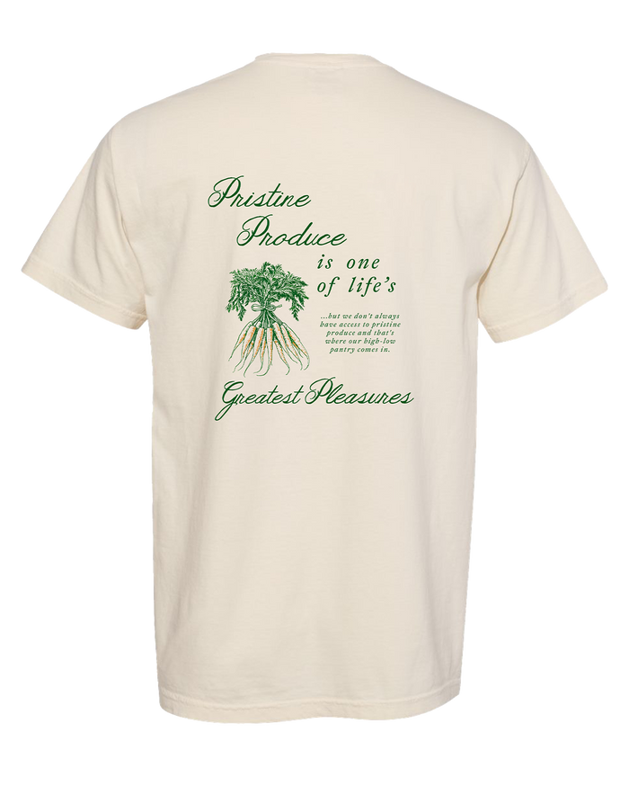 Beige t-shirt with green text and graphic on a white background