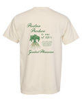 Beige t-shirt with green text and graphic on a white background