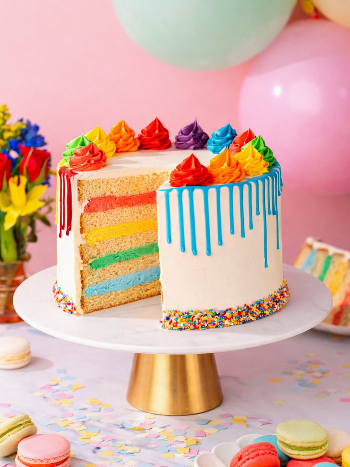 Rainbow Cake cut open to show its bright layers of coloured sponge under a blue drip