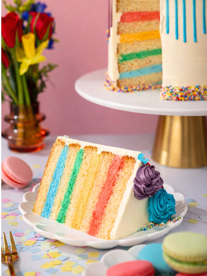 Slice of rainbow cake on a plate showing every colour of sponge from red through to blue