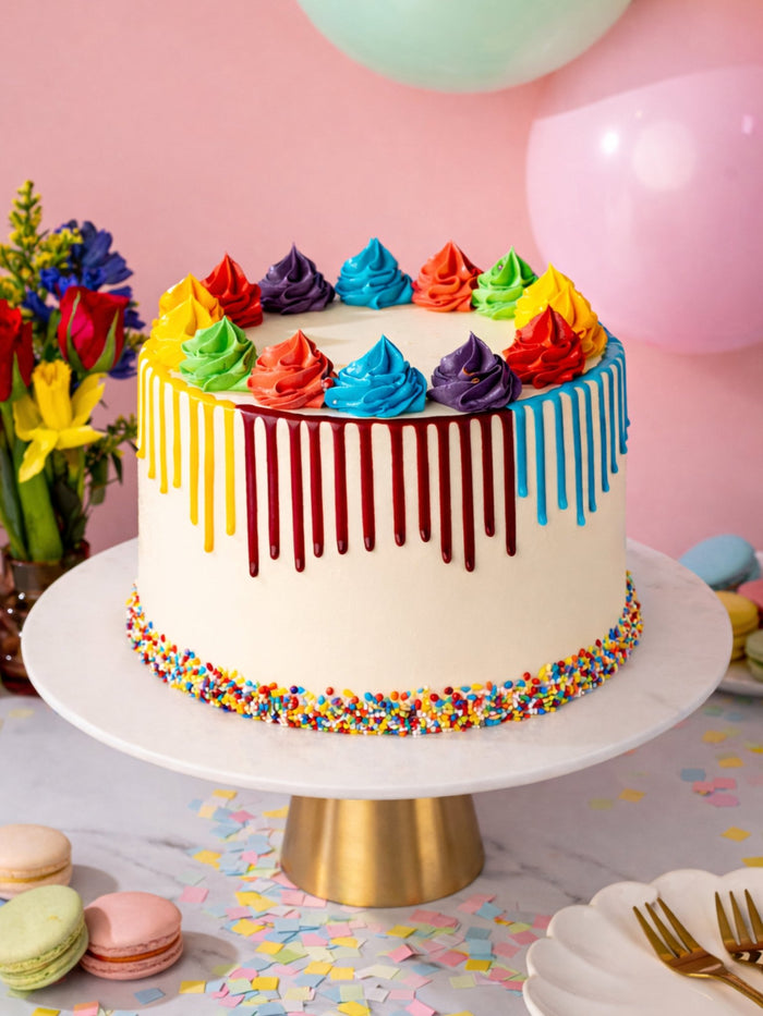 Whole Rainbow Cake with piped rainbow rosettes, coloured drips and a band of sprinkles