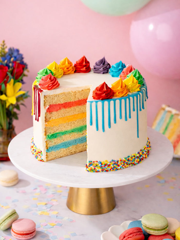 Rainbow birthday cake with a wedge removed, coloured drips running down the buttercream