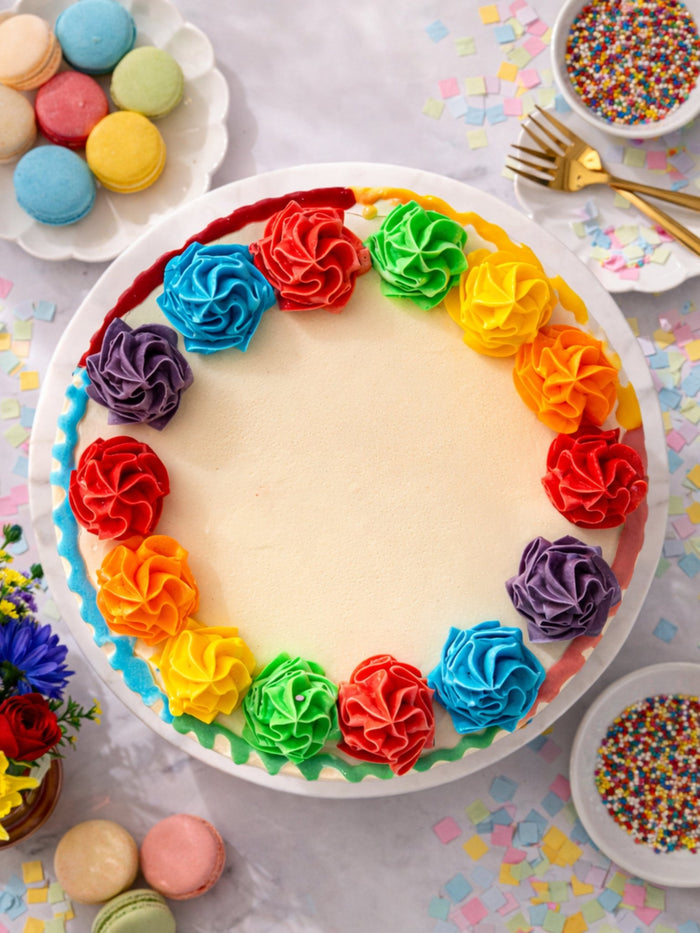 Overhead view of the rainbow cake, a ring of coloured buttercream rosettes around a plain centre