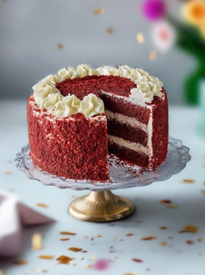 Red Velvet Cake with a slice cut to show its red sponge and cream cheese frosting layers