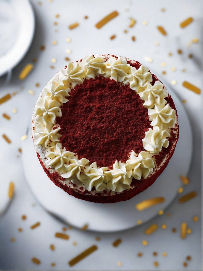 Overhead view of a Red Velvet Cake ringed with cream cheese rosettes on a bed of gold confetti