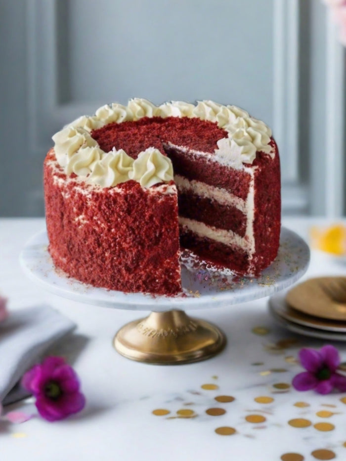 Red Velvet Cake on a cake stand with a slice removed, gold confetti and flowers on the table