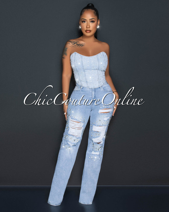 *Salina Light Denim Rhinestones Distressed Jeans