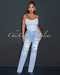 *Salina Light Denim Rhinestones Distressed Jeans