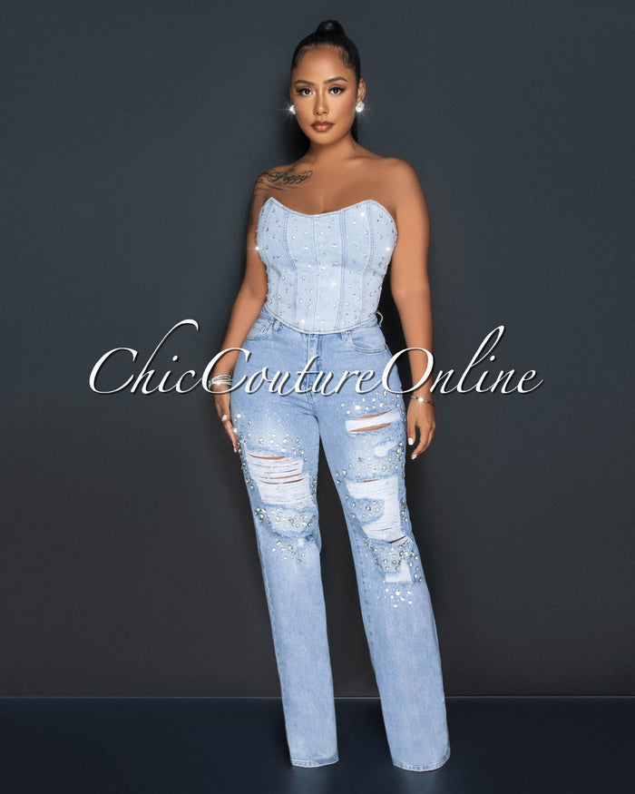 *Salina Light Denim Rhinestones Distressed Jeans