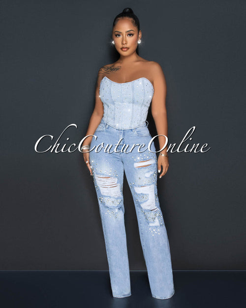 *Salina Light Denim Rhinestones Distressed Jeans