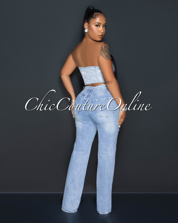 *Salina Light Denim Rhinestones Distressed Jeans