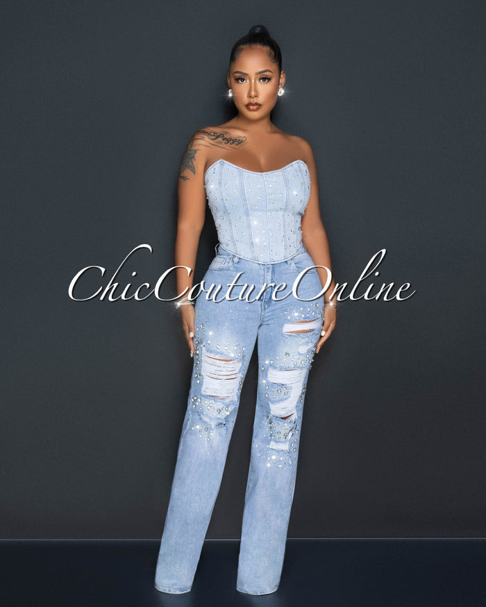 *Salina Light Denim Rhinestones Distressed Jeans