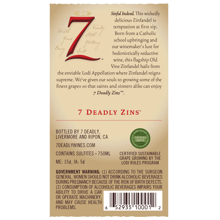 Seven Deadly Old Vine Zinfandel California Red Wine, 750 ml Glass, ABV 15.00%