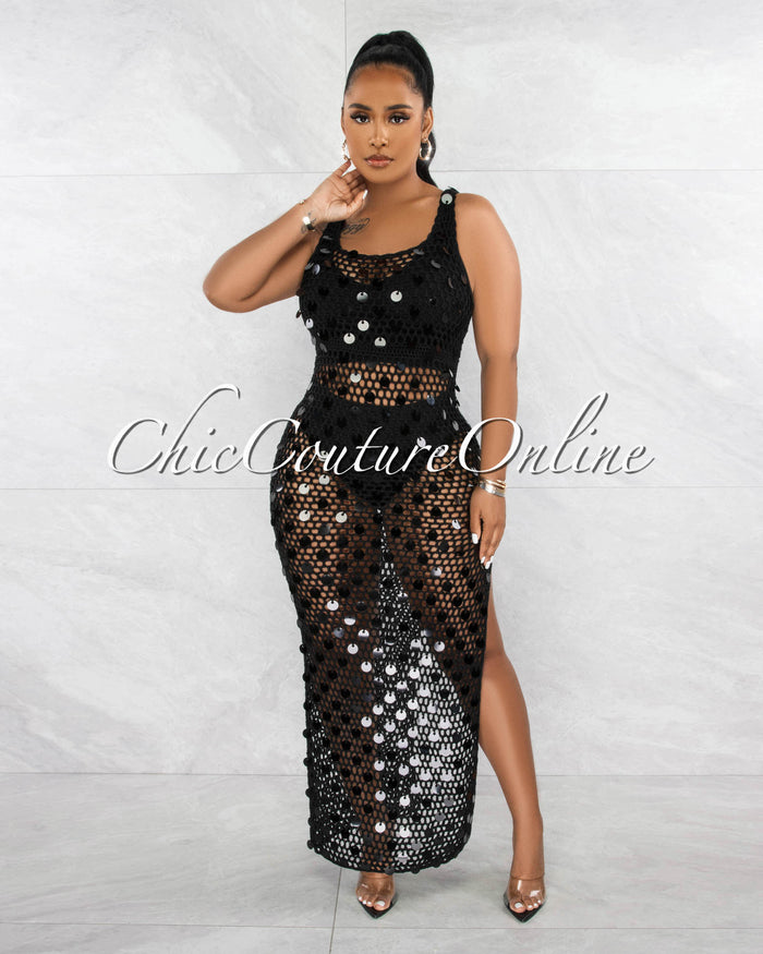 *Shada Black Sequins Crochet Cover-Up Maxi Dress