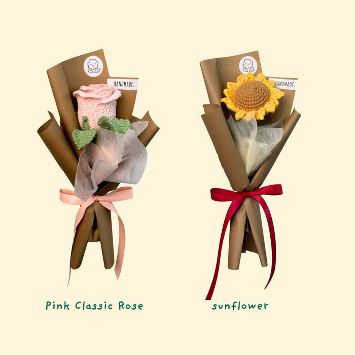 Single Stalk Crochet Flower Bundle – Sunflower & Classic Rose (Set of 5)