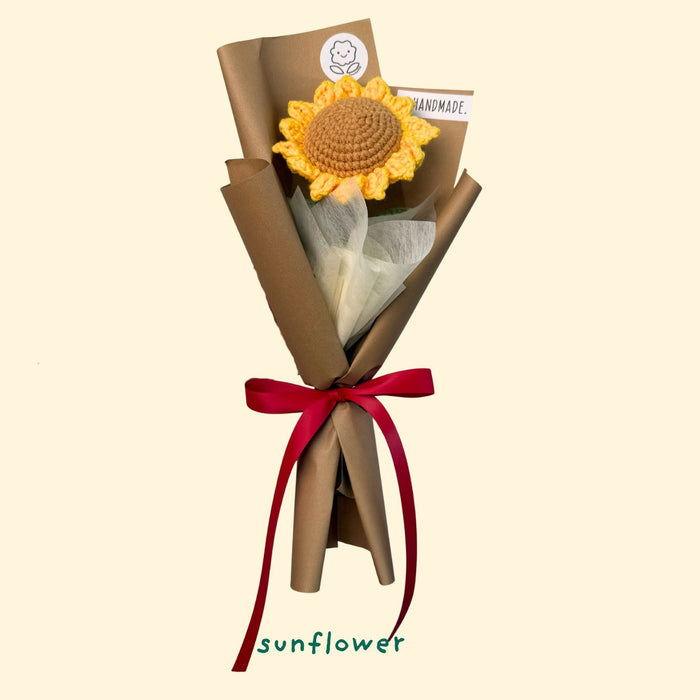 Single Stalk Crochet Flower Bundle – Sunflower & Classic Rose (Set of 5)