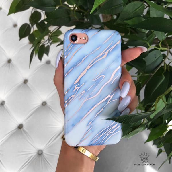 Sky Blue Rose Gold Chrome Marble iPhone Case – Trendy Protective Phone Cover