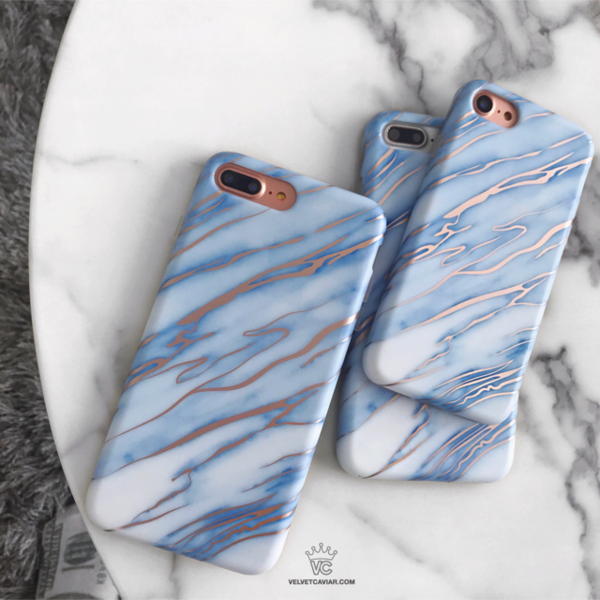 Sky Blue Rose Gold Chrome Marble iPhone Case – Trendy Protective Phone Cover