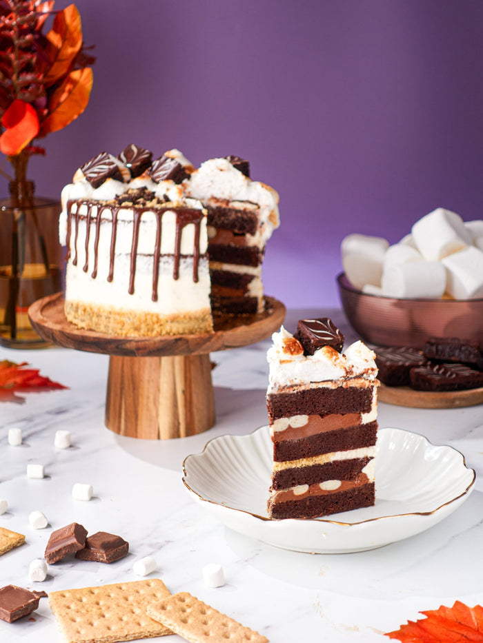 S'mores Cake with a slice cut away, marshmallows and biscuits scattered on the table