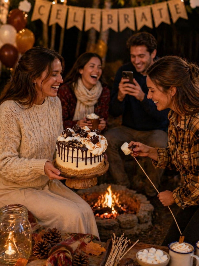 Friends toasting marshmallows round a fire pit with a S'mores cake on a wooden stand
