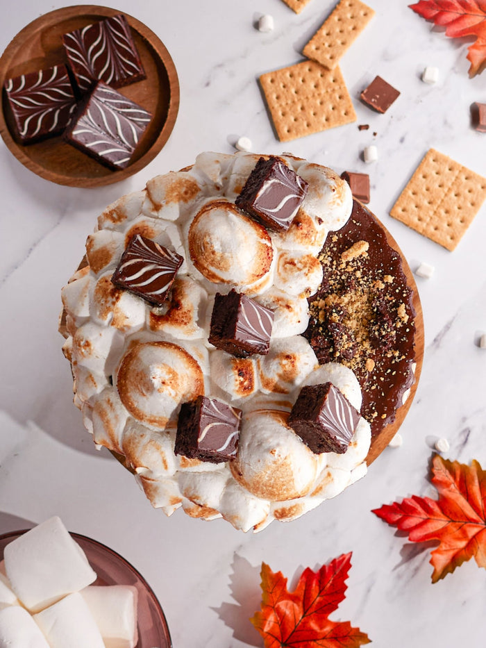 Overhead view of the S'mores Cake piled with toasted marshmallows, brownie pieces and biscuit crumb