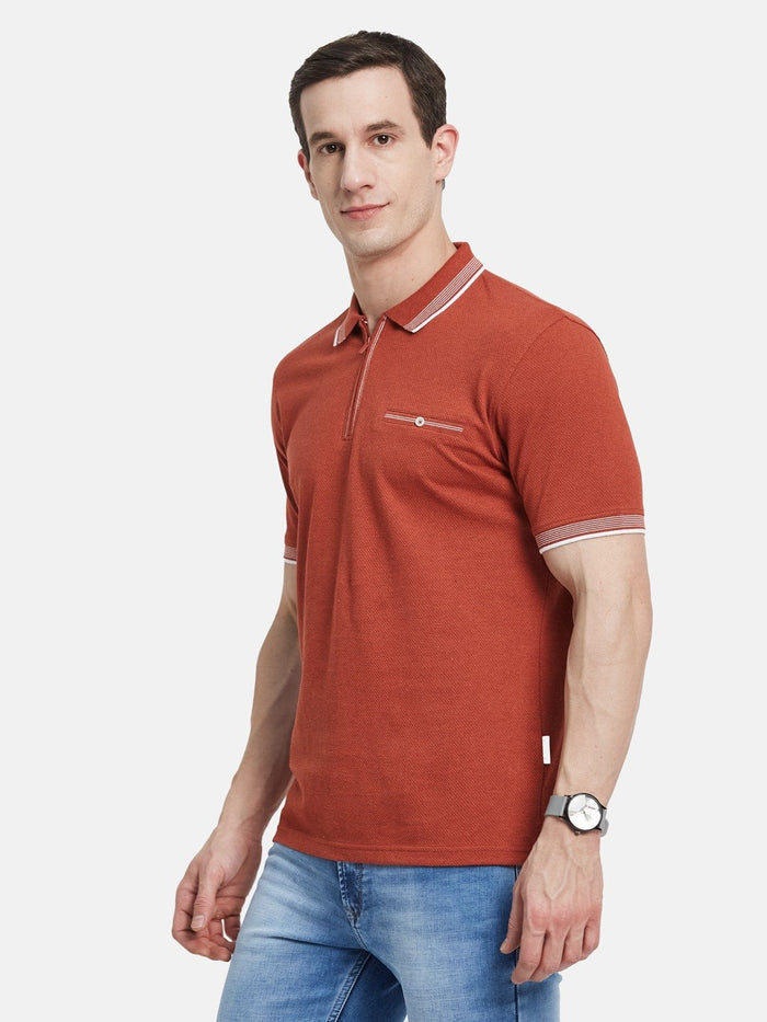 SOLID HALF-ZIP  POLO NECK POPCORN KNIT T-SHIRT
