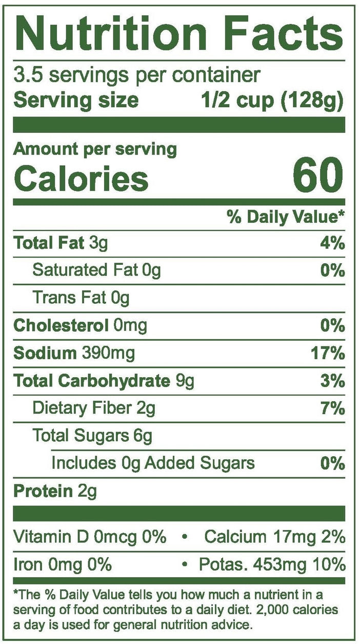 Nutrition facts label for a food product with serving size, calories, and nutritional content.