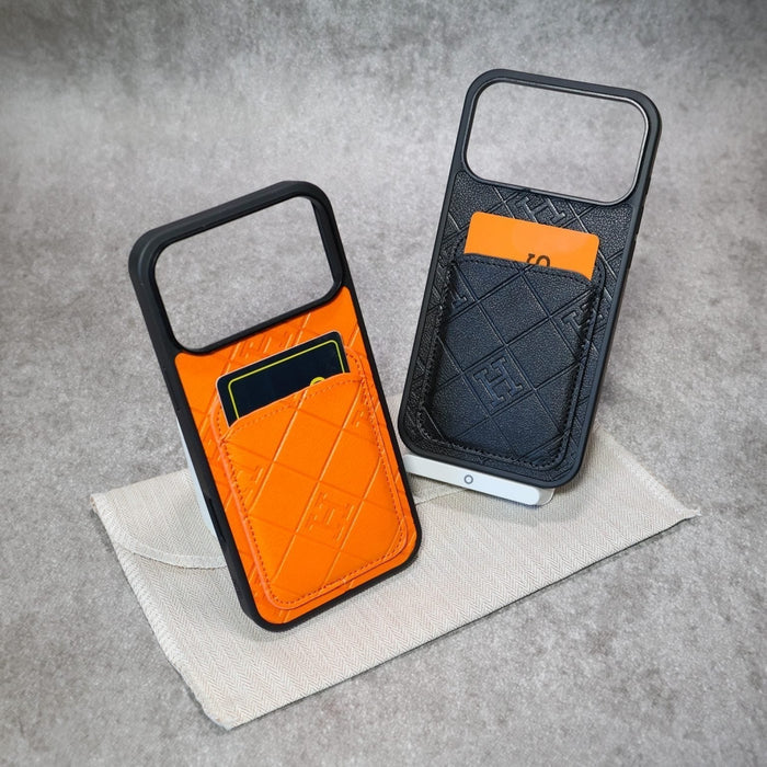 Stamped Leather H Phone Case With Card Holder For iPhone 17 / 16 / 15 / 14