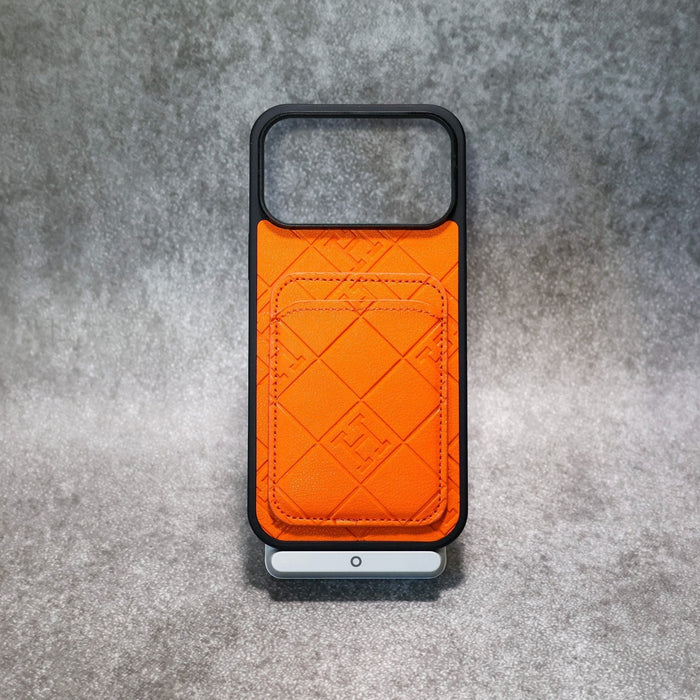 Stamped Leather H Phone Case With Card Holder For iPhone 17 / 16 / 15 / 14