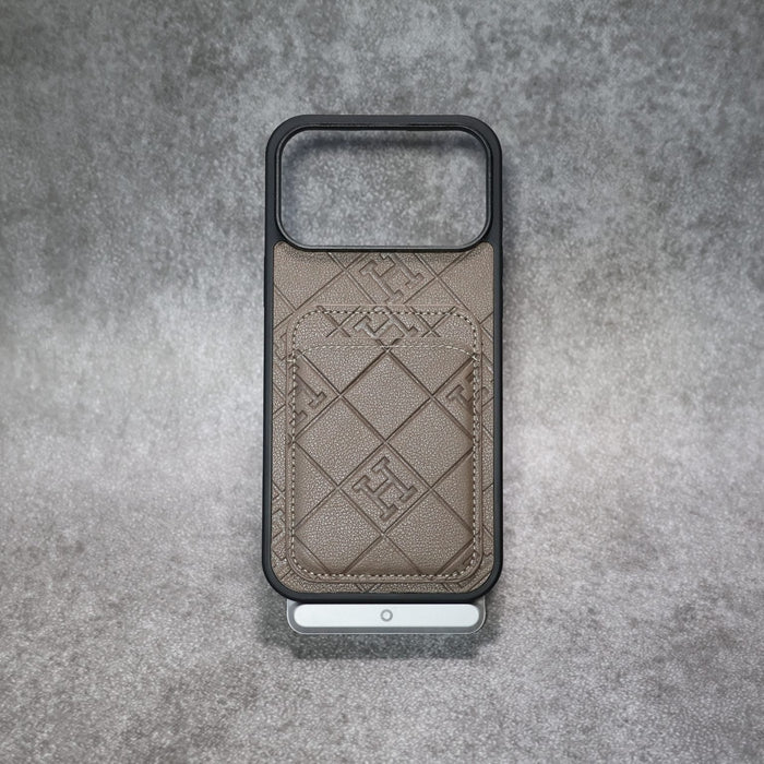 Stamped Leather H Phone Case With Card Holder For iPhone 17 / 16 / 15 / 14