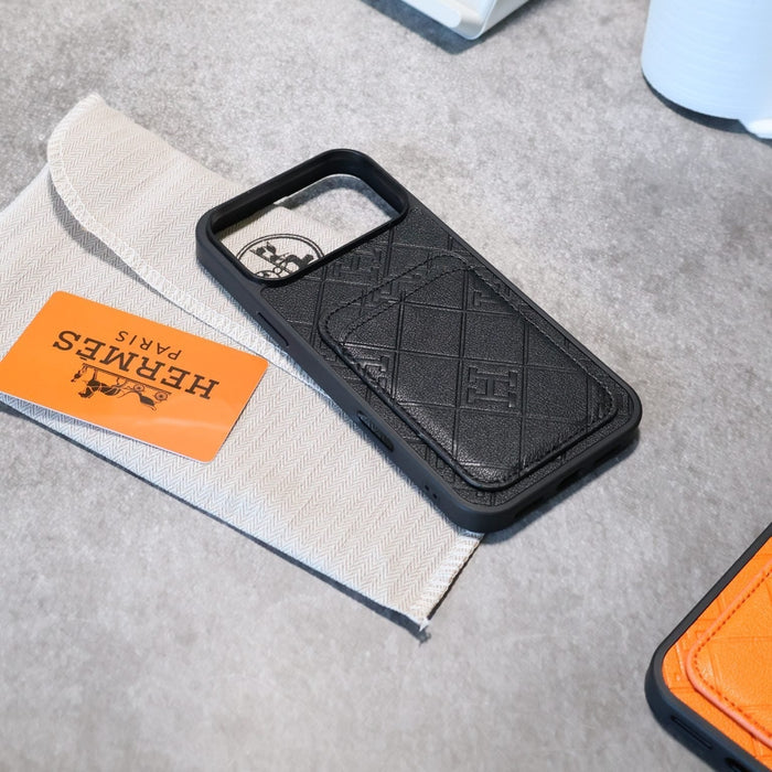 Stamped Leather H Phone Case With Card Holder For iPhone 17 / 16 / 15 / 14