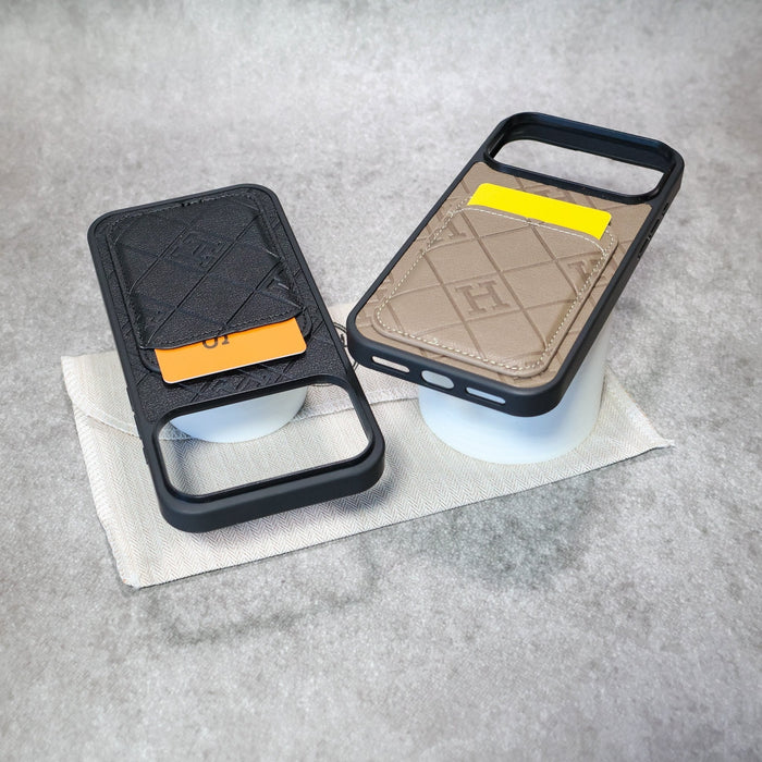 Stamped Leather H Phone Case With Card Holder For iPhone 17 / 16 / 15 / 14
