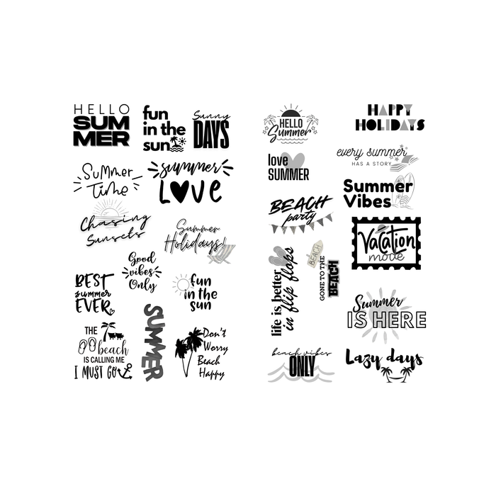 Sticker Book Summer by dream.design.bloom showing page of summer phrases and word stickers, boutique planner stickers for discbound planners designed for seasonal creativity