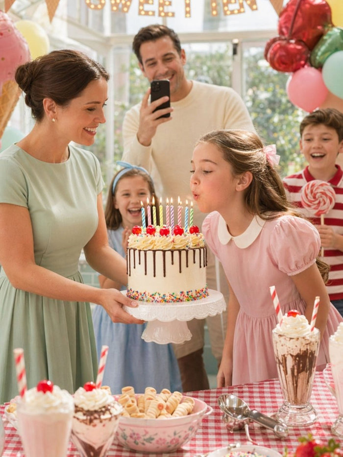 Girl blowing out the candles on a sundae birthday cake with her family at a party table